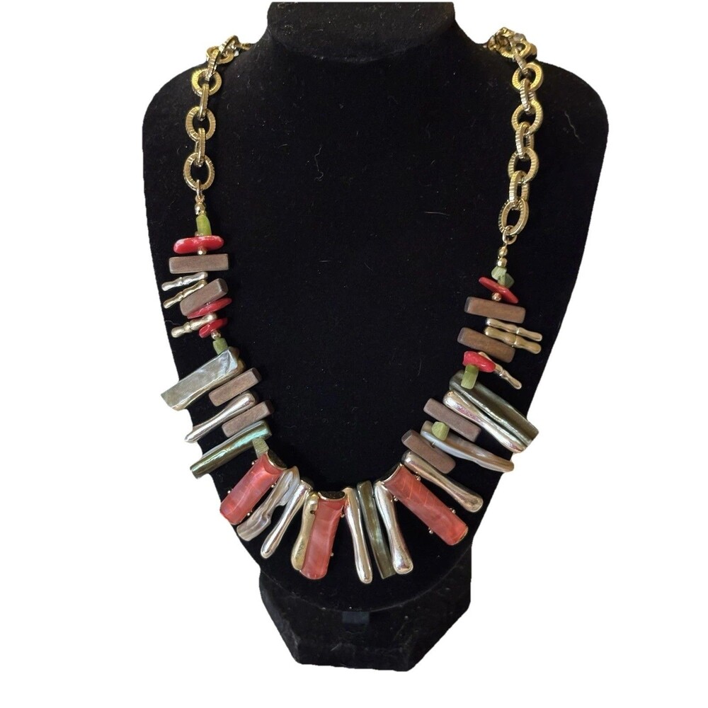 Chico’s Chunky Statement Necklace Boho Mixed Media Coral Wood Silver Tone